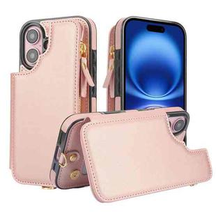 For iPhone 16 Plus Double Flap Zipper RFID Leather Phone Case with Short Lanyard(Rose Gold)