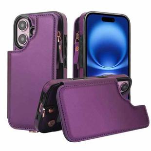 For iPhone 16 Plus Double Flap Zipper RFID Leather Phone Case with Short Lanyard(Dark Purple)