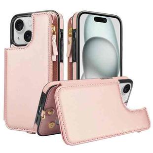 For iPhone 15 Plus Double Flap Zipper RFID Leather Phone Case with Short Lanyard(Rose Gold)