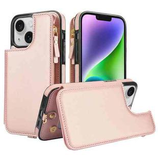 For iPhone 13 mini Double Flap Zipper RFID Leather Phone Case with Short Lanyard(Rose Gold)