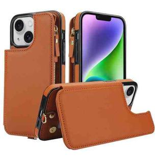 For iPhone 13 mini Double Flap Zipper RFID Leather Phone Case with Short Lanyard(Brown)