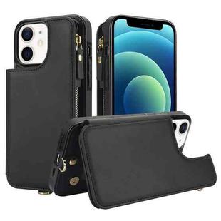 For iPhone 12 mini Double Flap Zipper RFID Leather Phone Case with Short Lanyard(Black)
