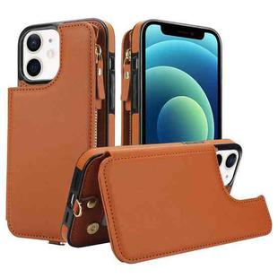 For iPhone 12 mini Double Flap Zipper RFID Leather Phone Case with Short Lanyard(Brown)