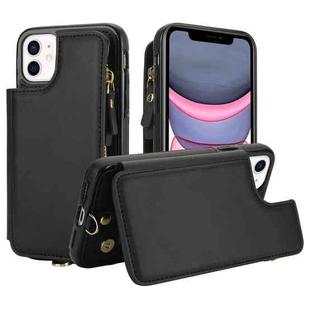 For iPhone 11 Pro Max Double Flap Zipper RFID Leather Phone Case with Short Lanyard(Black)