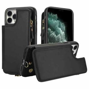 For iPhone 11 Pro Double Flap Zipper RFID Leather Phone Case with Short Lanyard(Black)