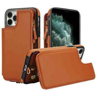 For iPhone 11 Pro Double Flap Zipper RFID Leather Phone Case with Short Lanyard(Brown)