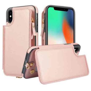 For iPhone X / XS Double Flap Zipper RFID Leather Phone Case with Short Lanyard(Rose Gold)