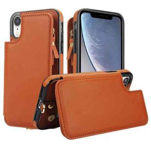 For iPhone XR Double Flap Zipper RFID Leather Phone Case with Short Lanyard(Brown)