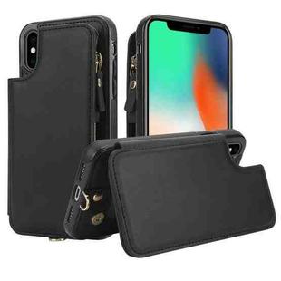 For iPhone XS Max Double Flap Zipper RFID Leather Phone Case with Short Lanyard(Black)