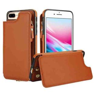 For iPhone 8 Plus / 7 Plus Double Flap Zipper RFID Leather Phone Case with Short Lanyard(Brown)