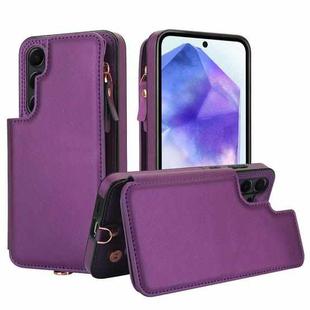 For Samsung Galaxy S24 FE 5G Double Flap Zipper RFID Leather Phone Case with Short Lanyard(Dark Purple)