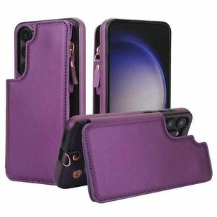 For Samsung Galaxy S23 5G Double Flap Zipper RFID Leather Phone Case with Short Lanyard(Dark Purple)