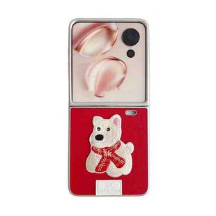 For Honor Magic V Flip Skin Fee Litchi Pattern Scarf Embroidered Dog Phone Case(Red)