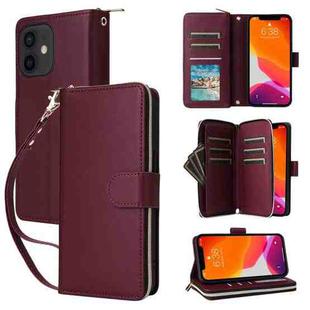 For iPhone 12 / 12 Pro Nine-card Slots Zipper Wallet Bag Leather Phone Case(Wine Red)