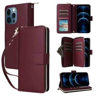 For iPhone 12 Pro Max Nine-card Slots Zipper Wallet Bag Leather Phone Case(Wine Red)