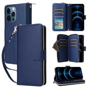 For iPhone 12 Pro Max Nine-card Slots Zipper Wallet Bag Leather Phone Case(Blue)