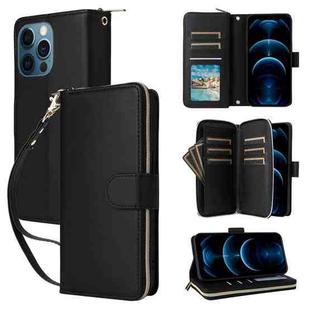 For iPhone 12 Pro Max Nine-card Slots Zipper Wallet Bag Leather Phone Case(Black)