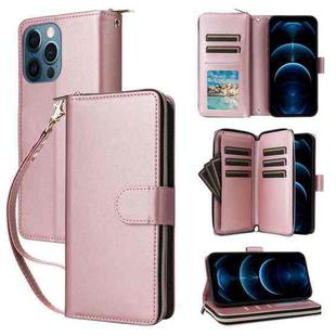 For iPhone 12 Pro Max Nine-card Slots Zipper Wallet Bag Leather Phone Case(Rose Gold)