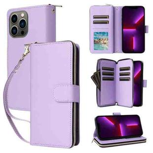 For iPhone 13 Pro Nine-card Slots Zipper Wallet Bag Leather Phone Case(Light Purple)