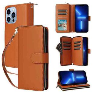 For iPhone 13 Pro Max Nine-card Slots Zipper Wallet Bag Leather Phone Case(Brown)