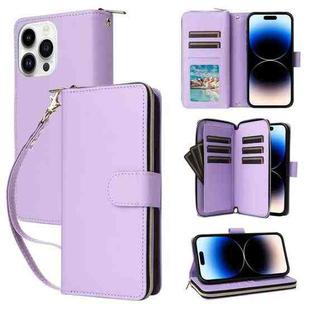 For iPhone 14 Pro Nine-card Slots Zipper Wallet Bag Leather Phone Case(Light Purple)