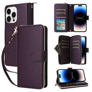 For iPhone 14 Pro Nine-card Slots Zipper Wallet Bag Leather Phone Case(Dark Purple)