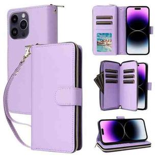 For iPhone 14 Pro Max Nine-card Slots Zipper Wallet Bag Leather Phone Case(Light Purple)