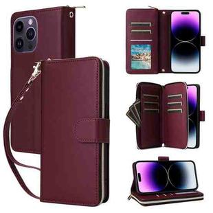 For iPhone 14 Pro Max Nine-card Slots Zipper Wallet Bag Leather Phone Case(Wine Red)