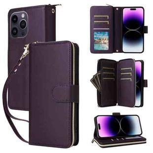 For iPhone 14 Pro Max Nine-card Slots Zipper Wallet Bag Leather Phone Case(Dark Purple)