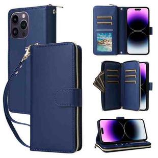 For iPhone 14 Pro Max Nine-card Slots Zipper Wallet Bag Leather Phone Case(Blue)