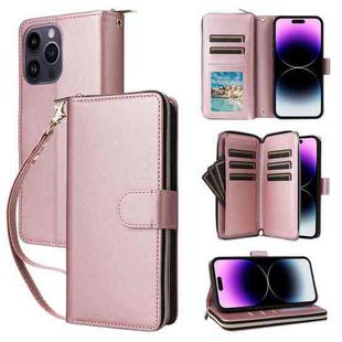 For iPhone 14 Pro Max Nine-card Slots Zipper Wallet Bag Leather Phone Case(Rose Gold)