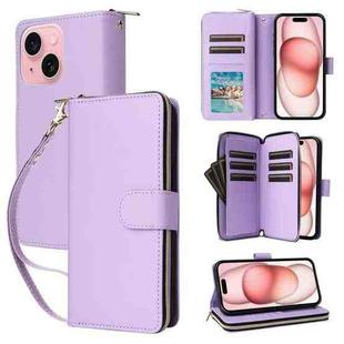 For iPhone 15 Nine-card Slots Zipper Wallet Bag Leather Phone Case(Light Purple)