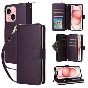 For iPhone 15 Plus / 14 Plus Nine-card Slots Zipper Wallet Bag Leather Phone Case(Dark Purple)