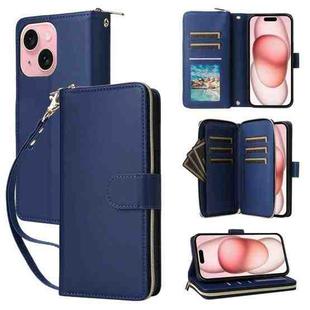 For iPhone 15 Plus / 14 Plus Nine-card Slots Zipper Wallet Bag Leather Phone Case(Blue)