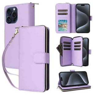 For iPhone 15 Pro Nine-card Slots Zipper Wallet Bag Leather Phone Case(Light Purple)