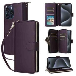 For iPhone 15 Pro Nine-card Slots Zipper Wallet Bag Leather Phone Case(Dark Purple)