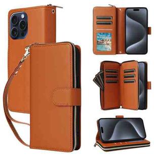 For iPhone 15 Pro Nine-card Slots Zipper Wallet Bag Leather Phone Case(Brown)