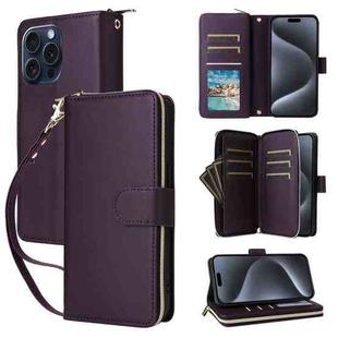 For iPhone 15 Pro Max Nine-card Slots Zipper Wallet Bag Leather Phone Case(Dark Purple)