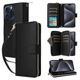 For iPhone 15 Pro Max Nine-card Slots Zipper Wallet Bag Leather Phone Case(Black)