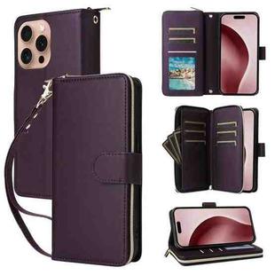 For iPhone 16 Pro Nine-card Slots Zipper Wallet Bag Leather Phone Case(Dark Purple)