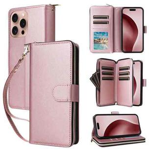 For iPhone 16 Pro Nine-card Slots Zipper Wallet Bag Leather Phone Case(Rose Gold)