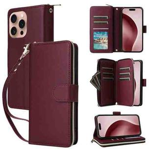 For iPhone 16 Pro Max Nine-card Slots Zipper Wallet Bag Leather Phone Case(Wine Red)