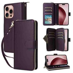 For iPhone 16 Pro Max Nine-card Slots Zipper Wallet Bag Leather Phone Case(Dark Purple)