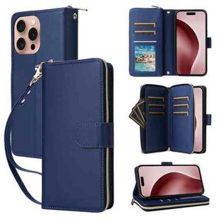 For iPhone 16 Pro Max Nine-card Slots Zipper Wallet Bag Leather Phone Case(Blue)