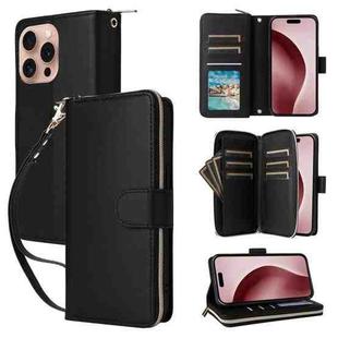 For iPhone 16 Pro Max Nine-card Slots Zipper Wallet Bag Leather Phone Case(Black)