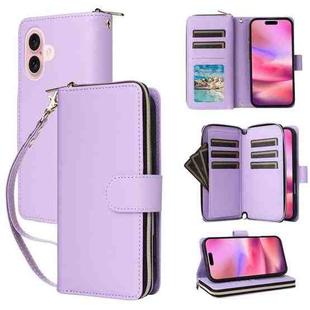 For iPhone 16 Nine-card Slots Zipper Wallet Bag Leather Phone Case(Light Purple)