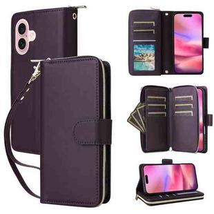 For iPhone 16 Nine-card Slots Zipper Wallet Bag Leather Phone Case(Dark Purple)