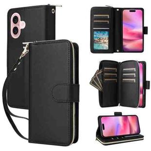 For iPhone 16 Nine-card Slots Zipper Wallet Bag Leather Phone Case(Black)