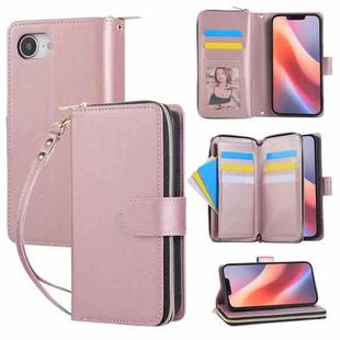 For iPhone 16e Nine-card Slots Zipper Wallet Bag Leather Phone Case(Rose Gold)