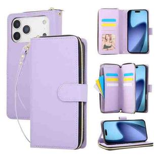 For iPhone 17 Pro Max Nine-card Slots Zipper Wallet Bag Leather Phone Case(Light Purple)